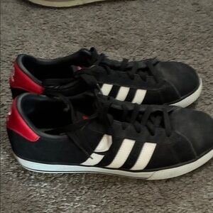 adidas Black Sneakers with White Stripes and Red Heel Tab